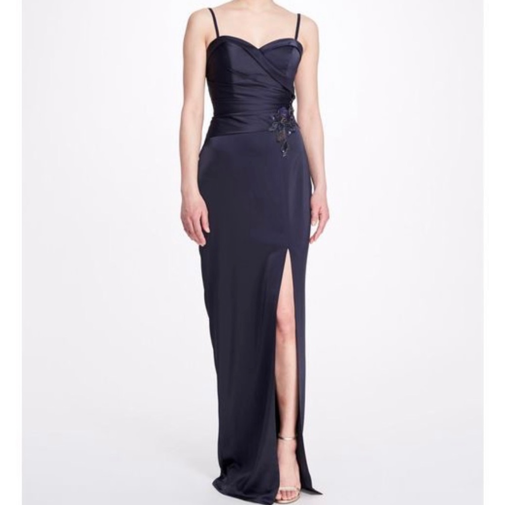 Gorgeous Marchesa Navy Draped Satin gown - sz 6